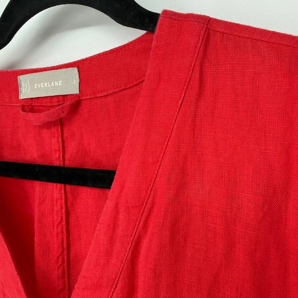 EVERLANE LINEN SHORT SLEEVE JUMPSUIT RED SIZE 2‎ BELTED LOOSE FIT 100% LINEN